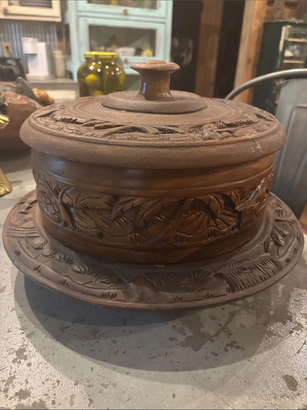Carved Wooden Lidded  cake holder - Rich Brown Old unique wood . So pretty